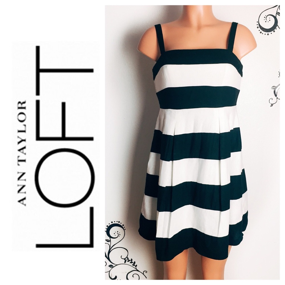 💢 LOFT • black white striped linen dress